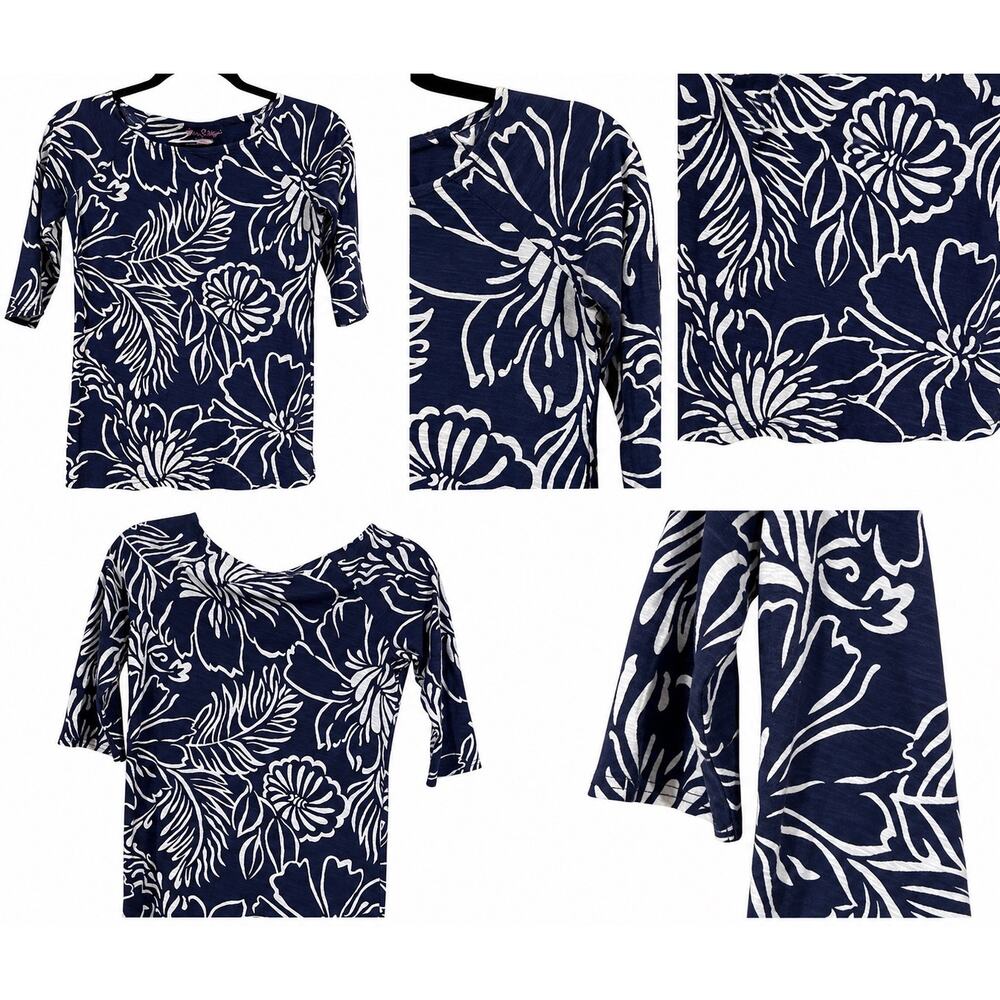 Lilly Pulitzer Top Women’s Small Navy White Floral Cotton Coastal Tee 3/4 Sleeve - Picture 4 of 16